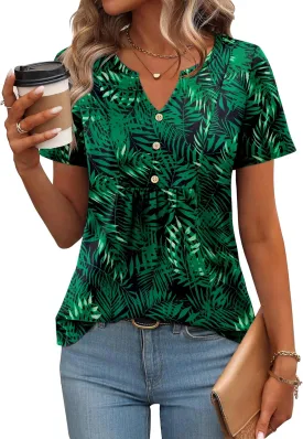 Zeagoo Womens Short Sleeve Tops Summer Henley V-Neck Tshirts Casual Pleated Blouse Dressy Loose Floral Basic Tee