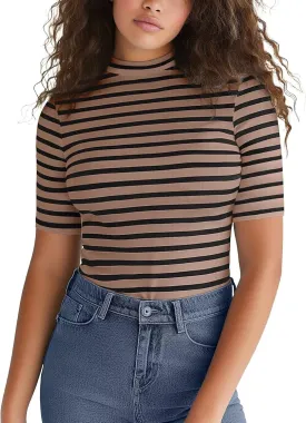 Zengjo Short Sleeve Turtleneck Women Striped T Shirt,Ribbed Mock Neck Top